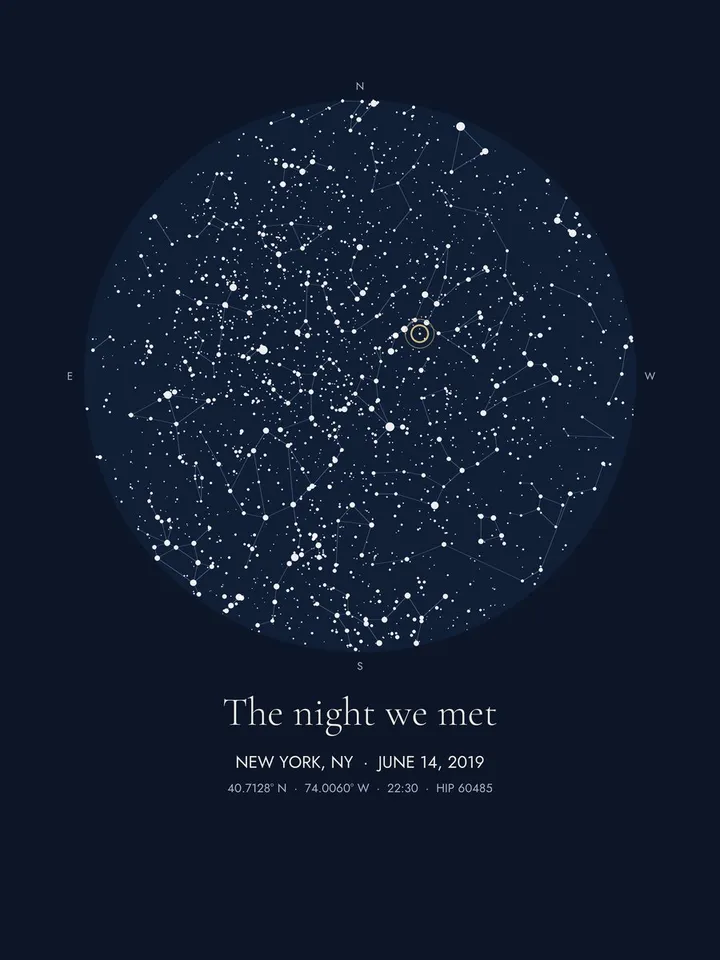 The night-sky print for New York, June 14, 2019, titled The night we met, with the dedicated star circled in gold.